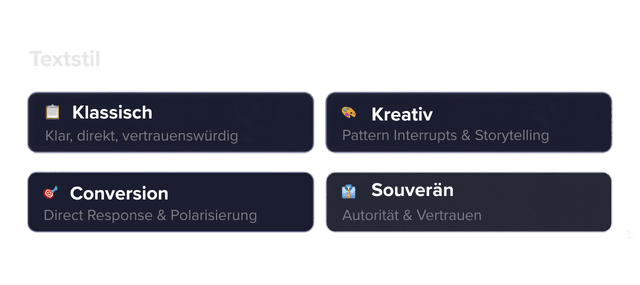 Auswahl des Textstils für die KI-Anzeigentexte: die vier Stile Klassisch, Kreativ, Conversion und Souverän, jeweils mit kurzer Beschreibung