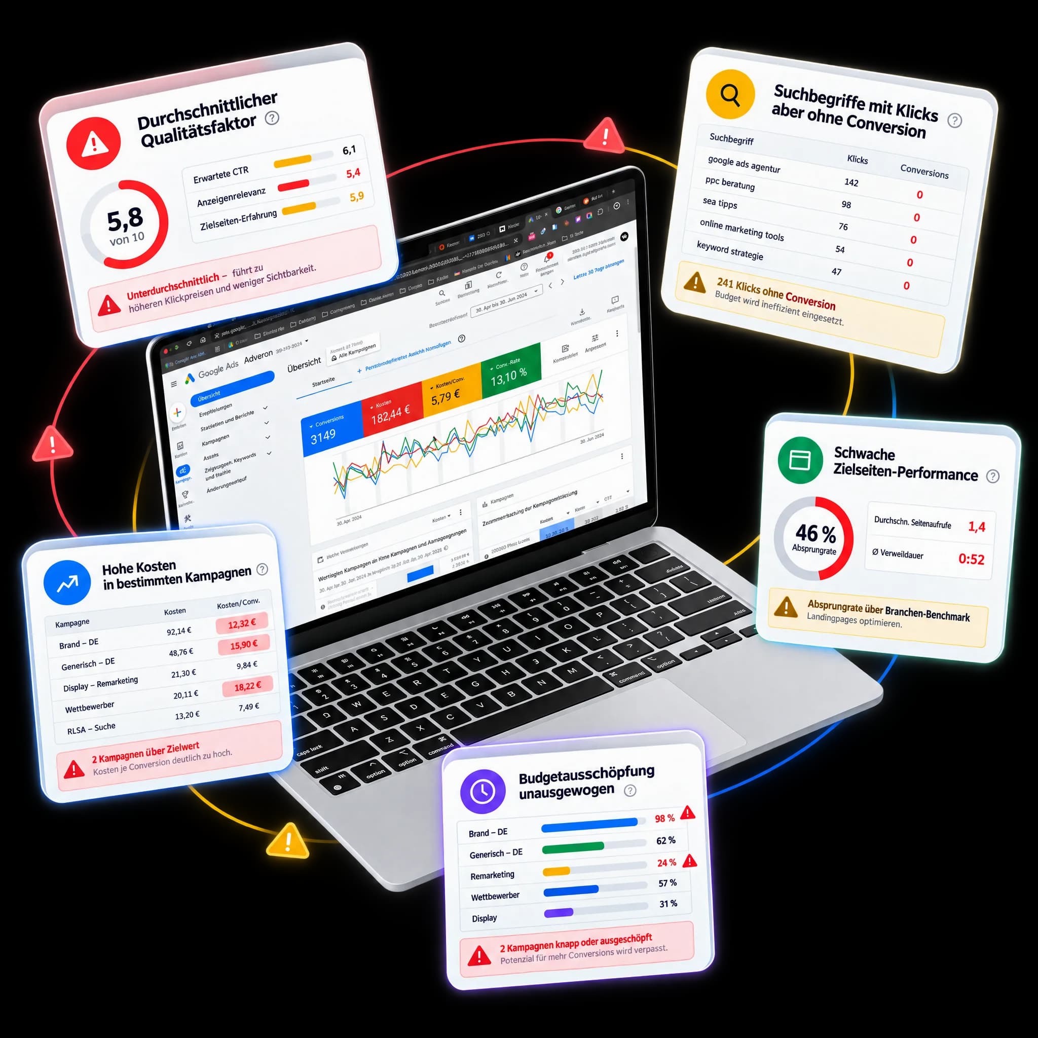 Google Ads-Konto im adfix-Check: Kontoübersicht am Laptop, umgeben von Befunden zu Qualitätsfaktor, Suchbegriffen ohne Conversion, hohen Kosten je Kampagne, schwacher Zielseiten-Performance und unausgewogener Budgetausschöpfung